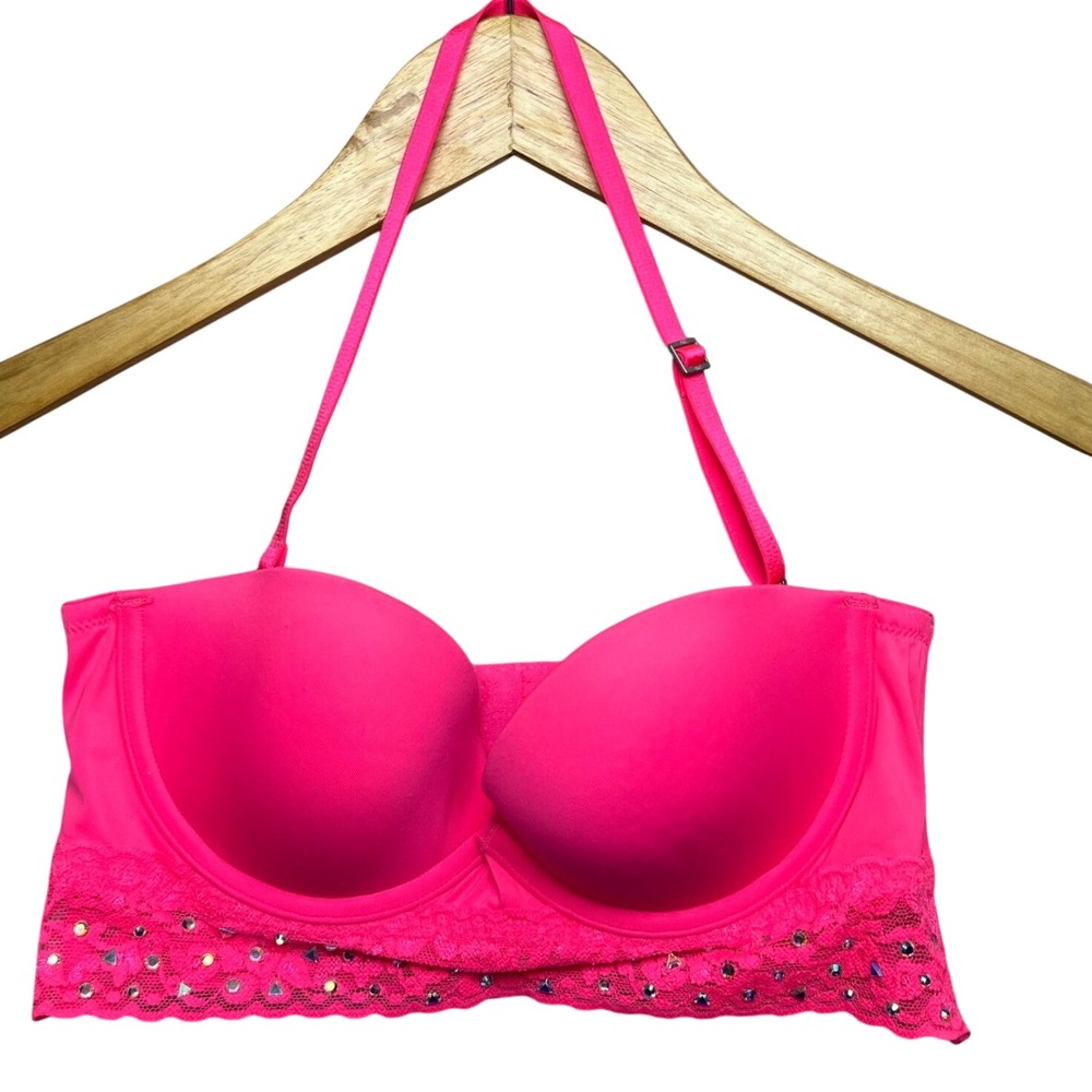 Y2K Victoria's Secret PINK Strapless Rhinestone Lace Push Up Bra 34B Neon Pink